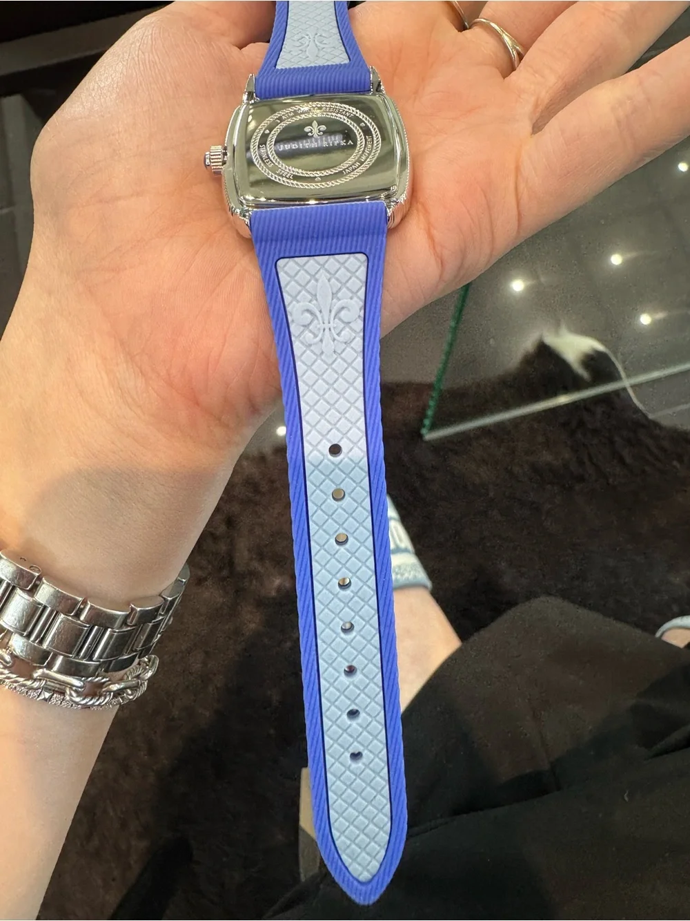 Judith Ripka Stainless Steel Square Watch w/ Purple Silicone Strap & Accent Dial
